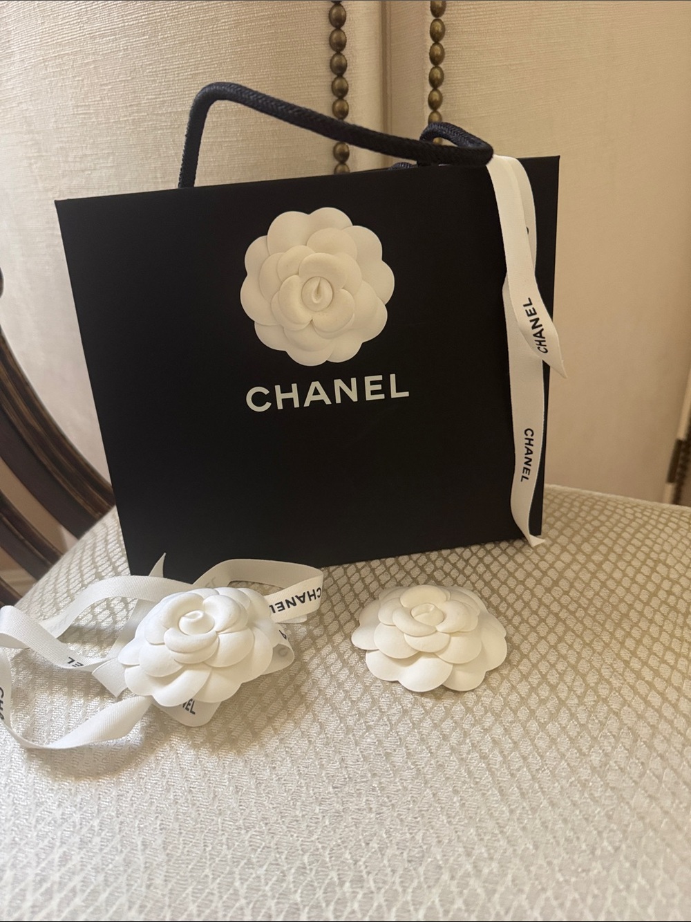 CHANEL Black Paper Gift Bag with White 3 Camellias and Ribbons